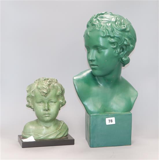 A green plaster bust and a terracotta bust